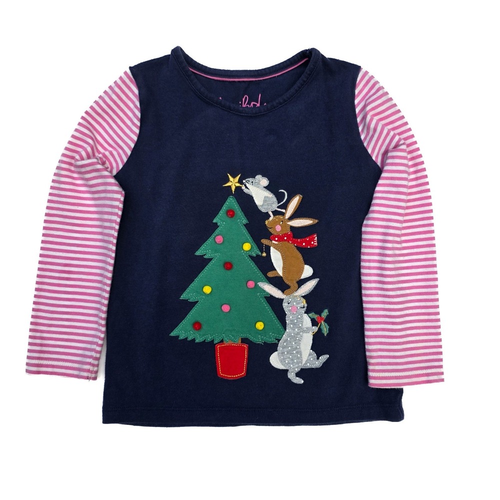 Mini Boden Girls 3-4Y 104 Christmas Shirt Bunny Mouse Tree Applique Long Sleeve